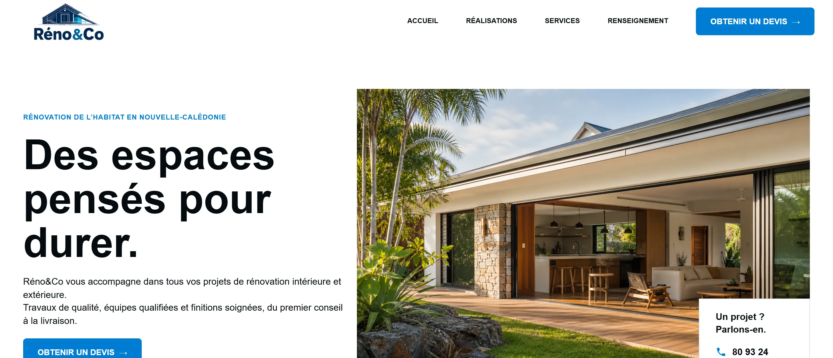 Page d'accueil du site Réno&Co, rénovation de l'habitat en Nouvelle-Calédonie